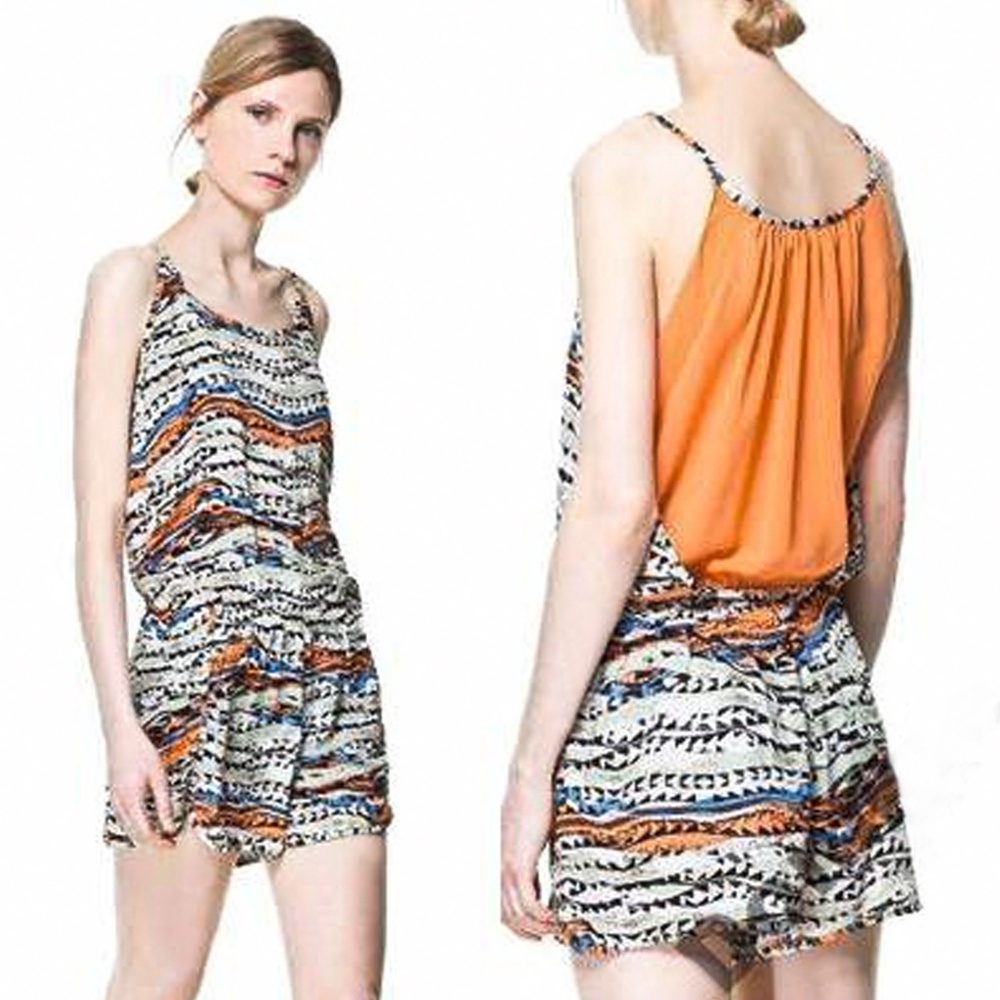 ZARA W&B Collection Tribal Print Orange Sheer Back Romper